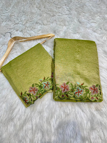 Olive Green Banarasi Crush Tissue Embroidery Cutwork Saree