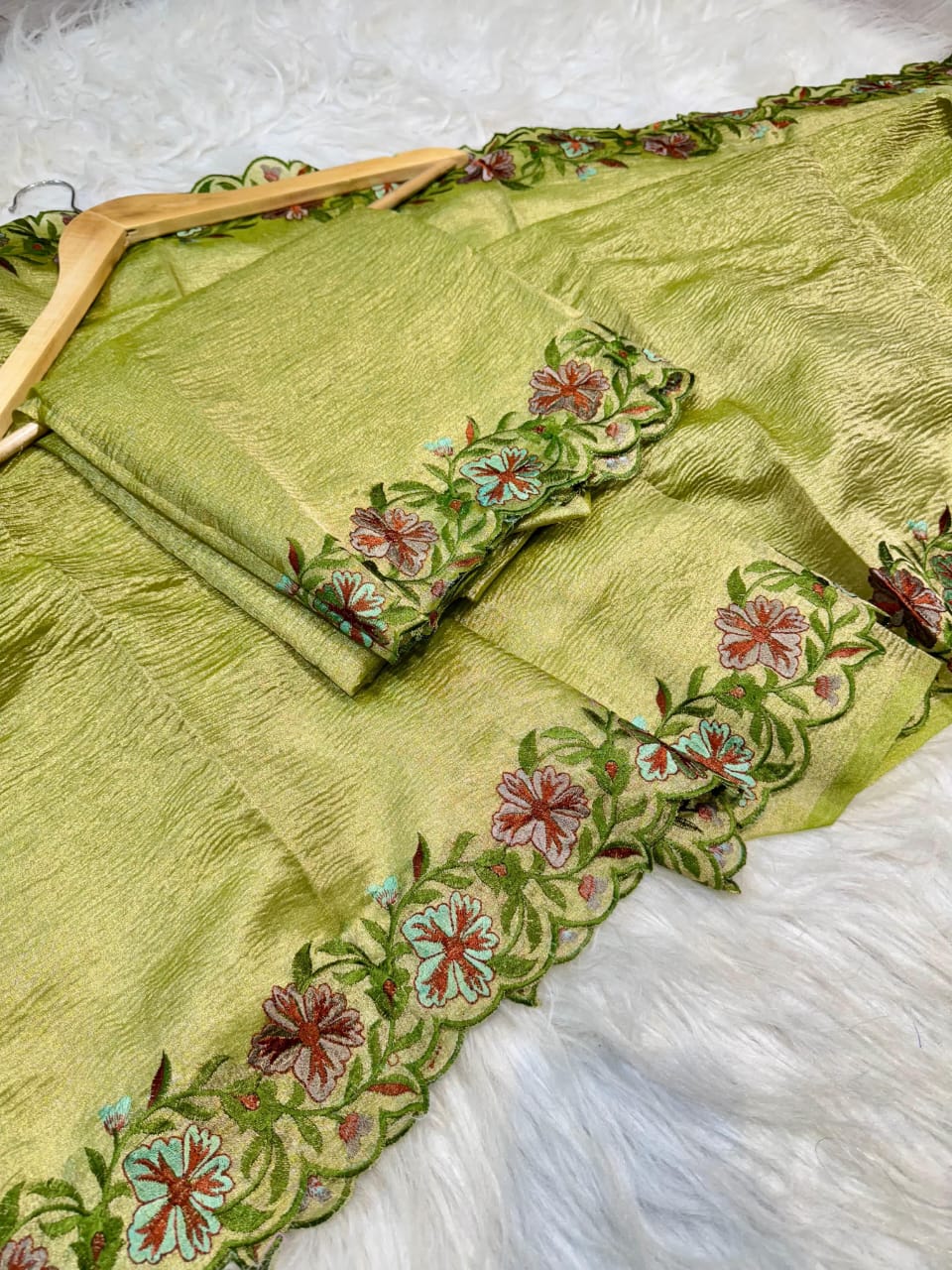 Olive Green Banarasi Crush Tissue Embroidery Cutwork Saree