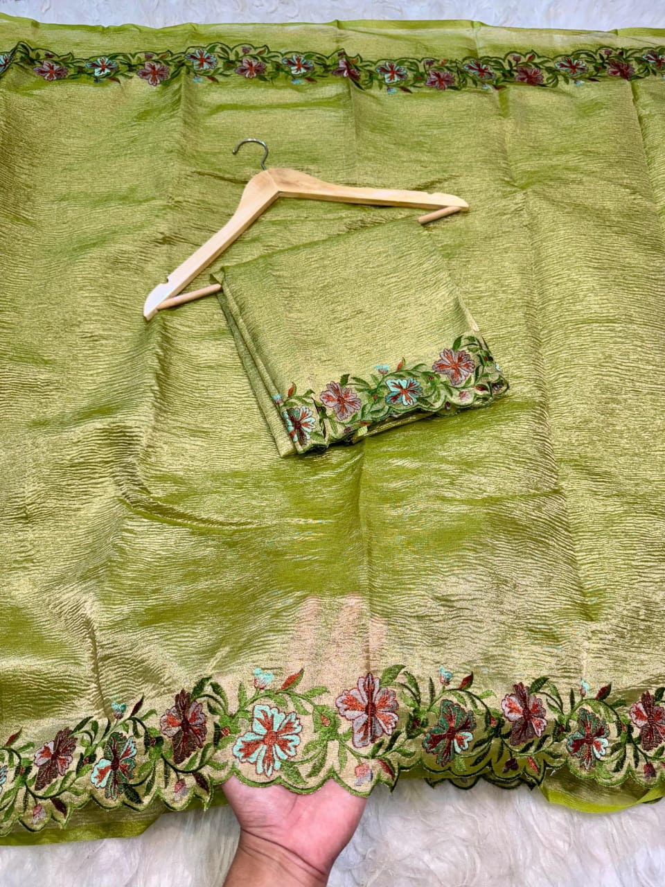Olive Green Banarasi Crush Tissue Embroidery Cutwork Saree