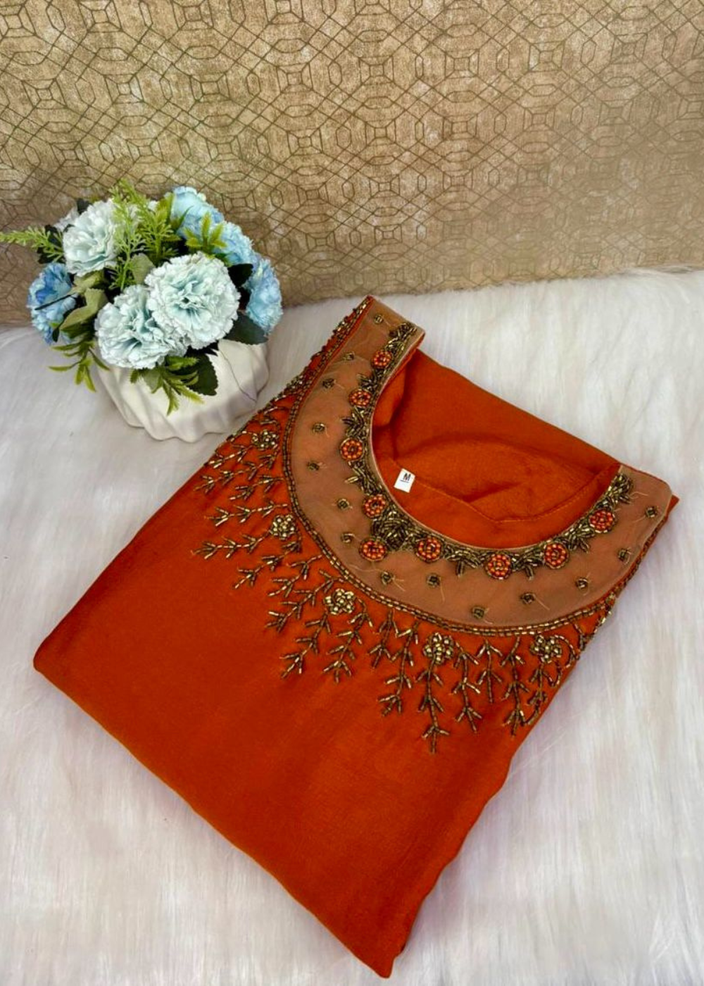 Aariwork Jewel Neck Kurti in Vichithra Silk – Elegant Fusion of Tradition & Style
