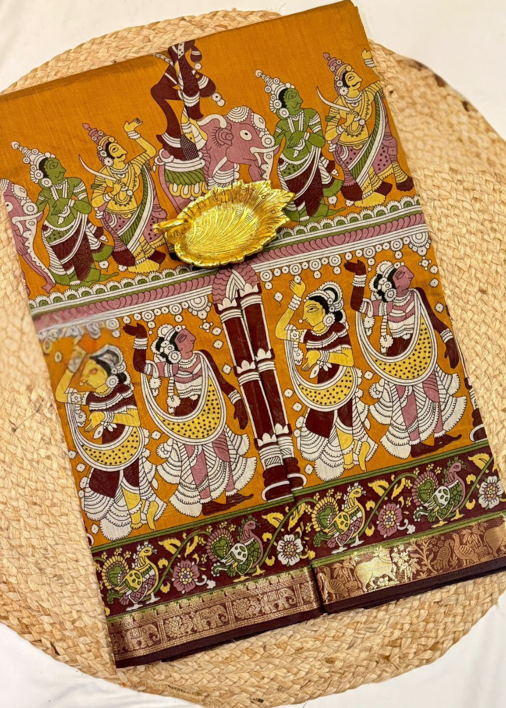 Mustard Gold Kalamkari Heritage Saree