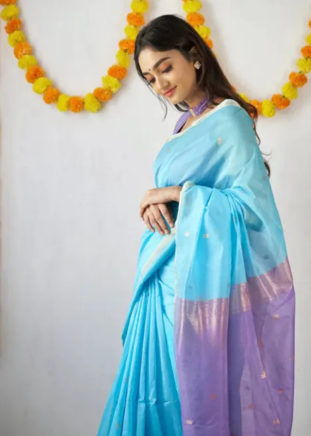 Elegant Aqua Blue Maheshwari Silk Cotton Soft Saree