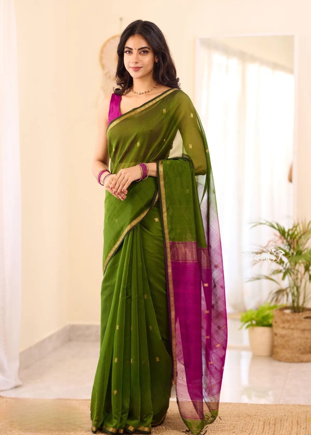 Emerald Green Maheshwari silk cotton Soft saree