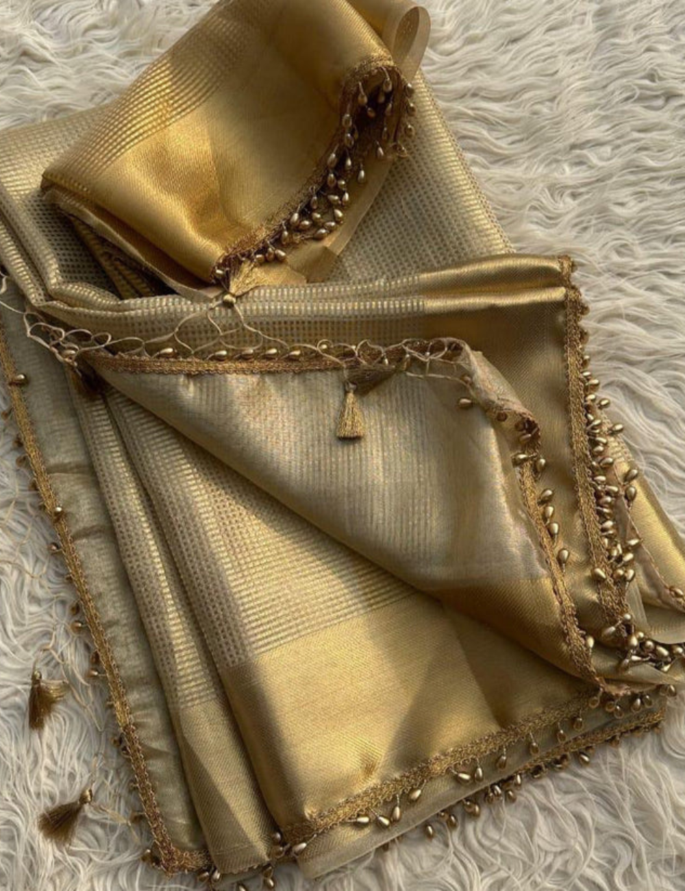 "Nayantara inspired Gold Banarasi Tissue Silk Saree with Lace"