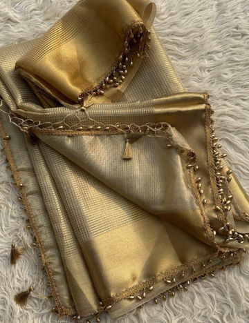 "Nayantara inspired Gold Banarasi Tissue Silk Saree with Lace"