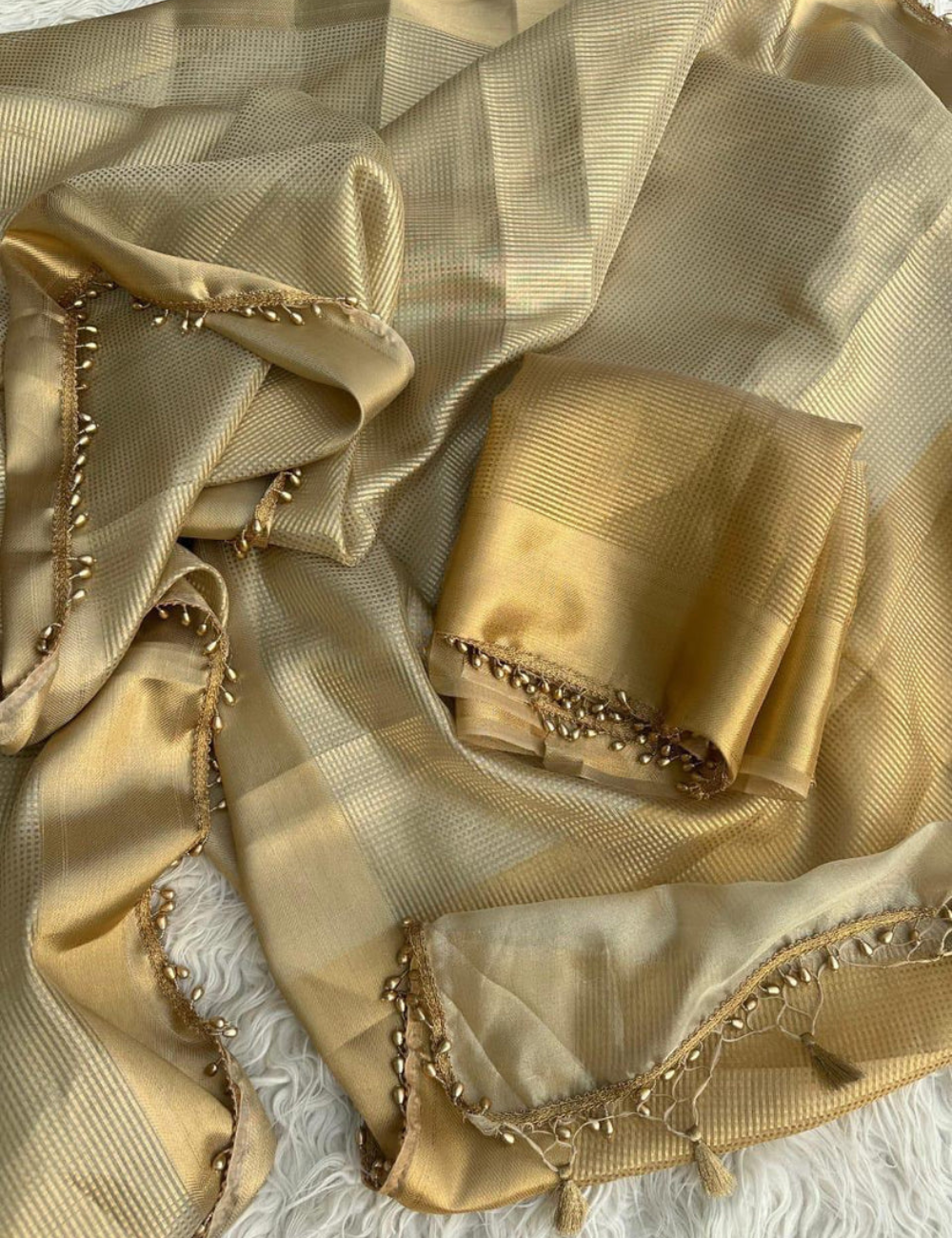 "Nayantara inspired Gold Banarasi Tissue Silk Saree with Lace"