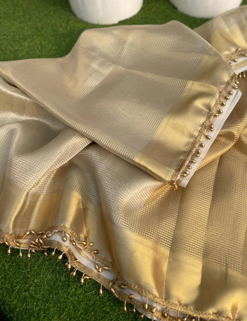 "Nayantara inspired Gold Banarasi Tissue Silk Saree with Lace"