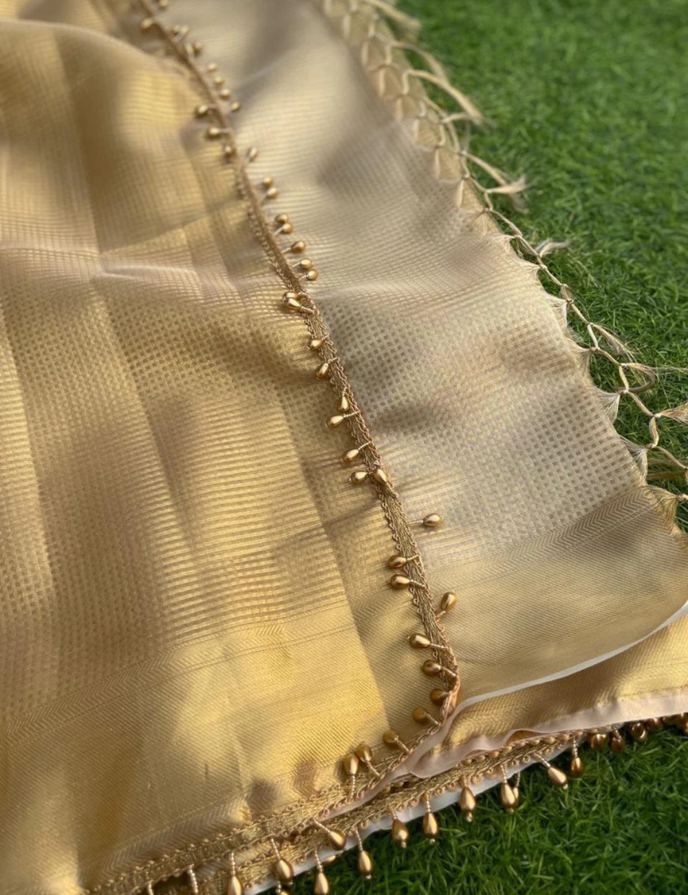 "Nayantara inspired Gold Banarasi Tissue Silk Saree with Lace"
