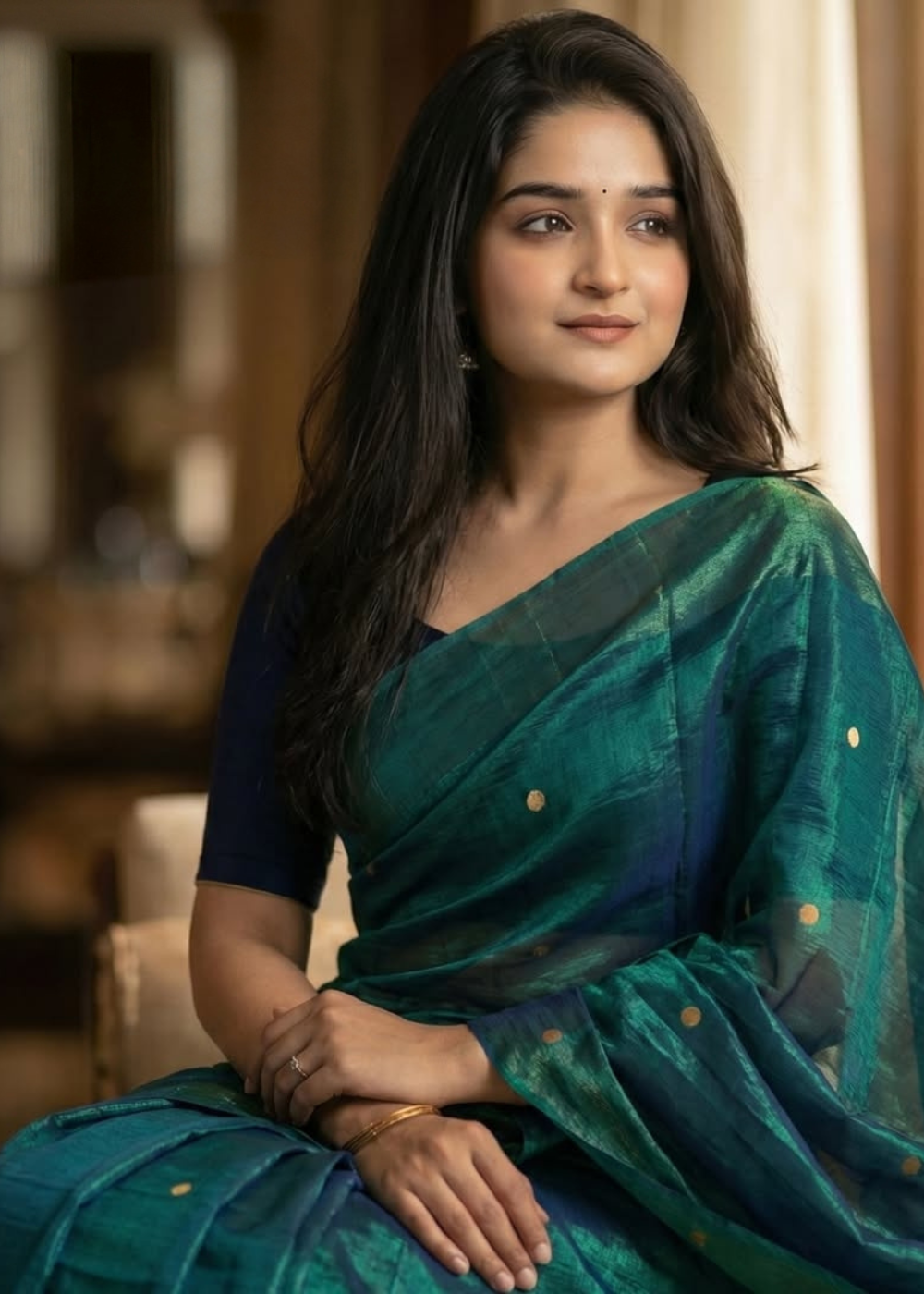 Raga Tissue Peacock Green Saree with Gini Work