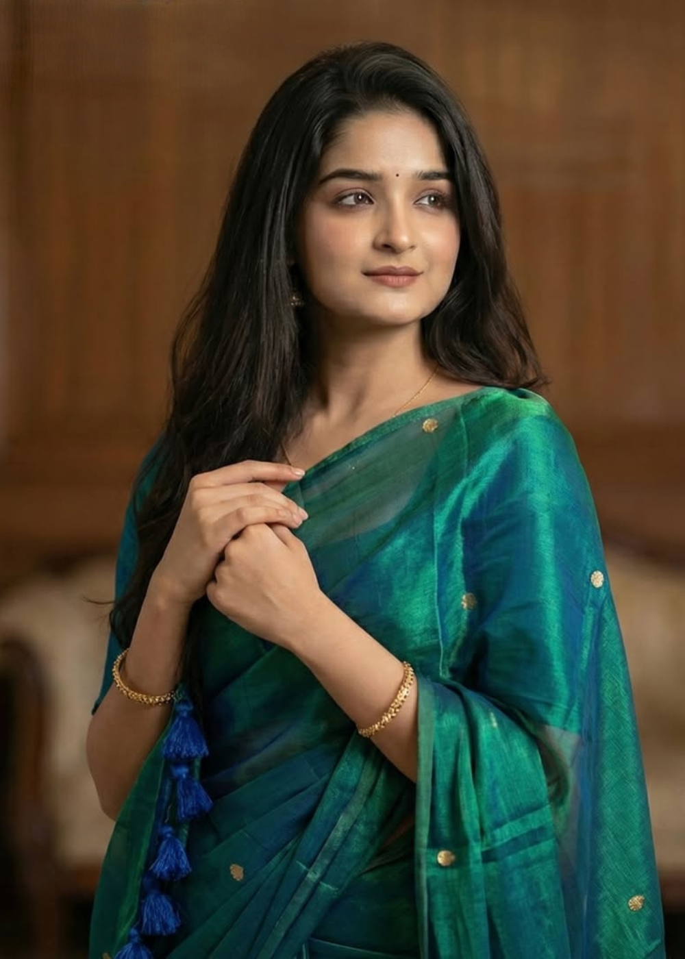 Raga Tissue Peacock Green Saree with Gini Work