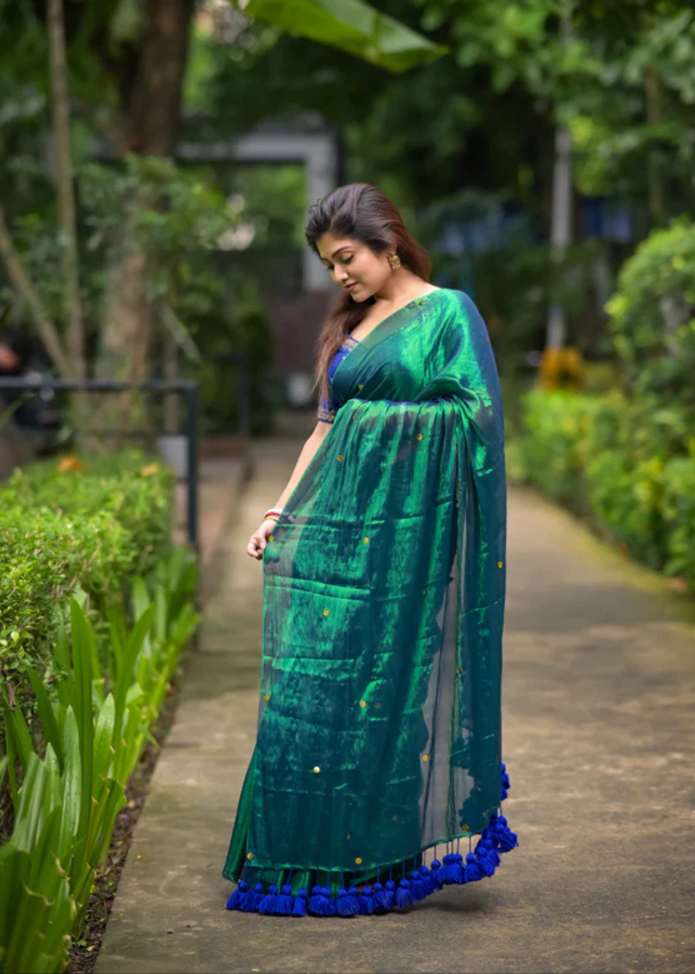 Raga Tissue Peacock Green Saree with Gini Work