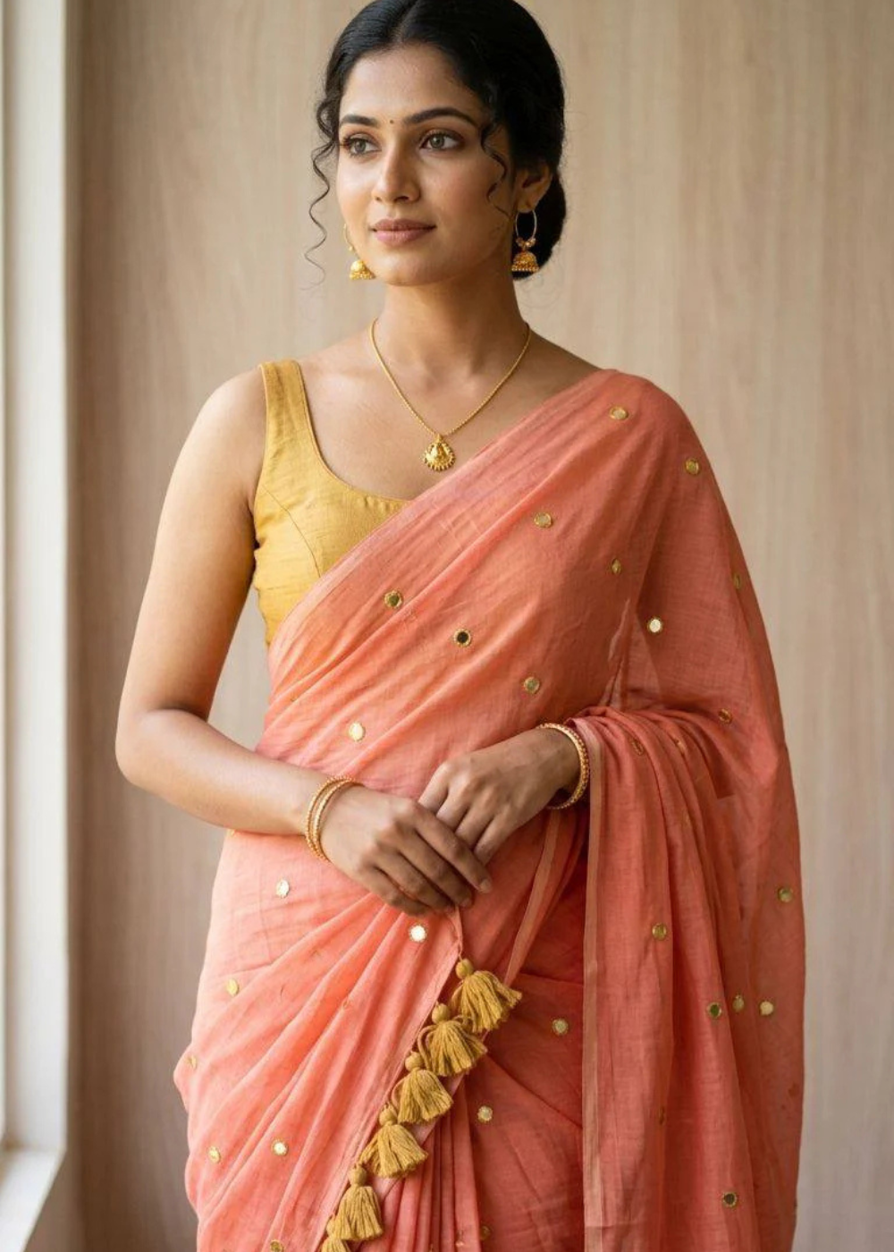 Rashmika Mandanna Inspired Mul Cotton Sequins Saree – Light Peach