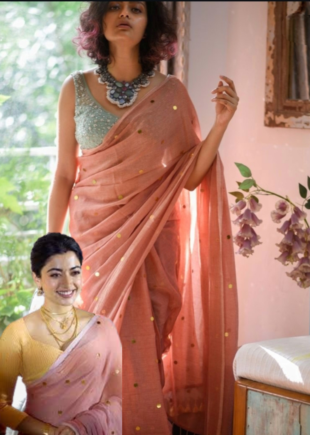 Rashmika Mandanna Inspired Mul Cotton Sequins Saree – Light Peach