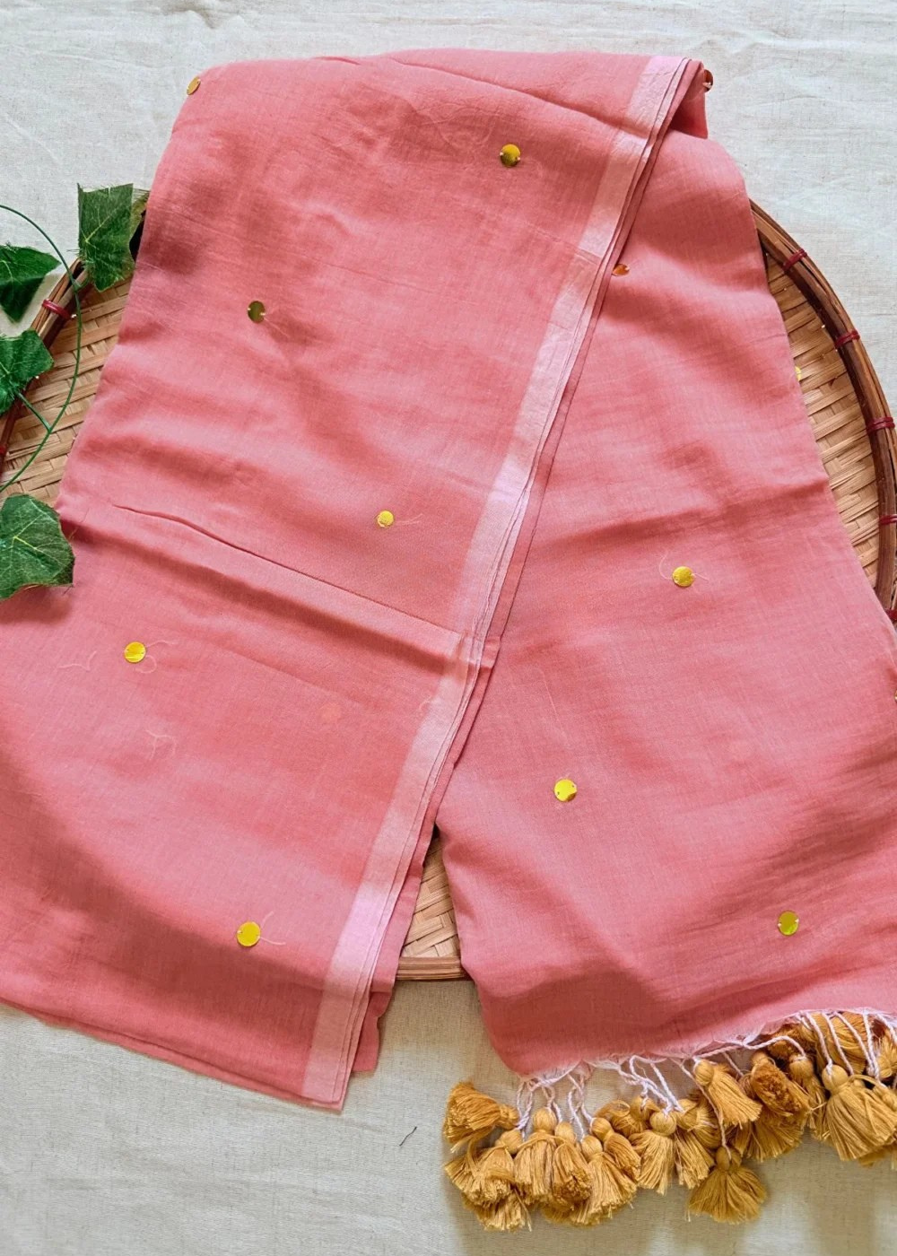 Rashmika Mandanna Inspired Mul Cotton Sequins Saree – Light Peach