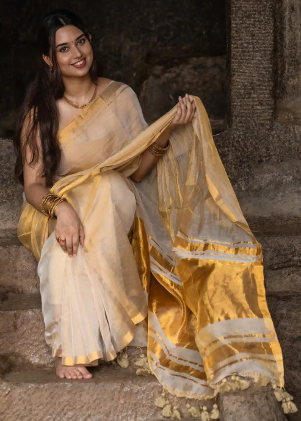 Tissue Cotton Kerala Zari Work Saree – Gold Shade