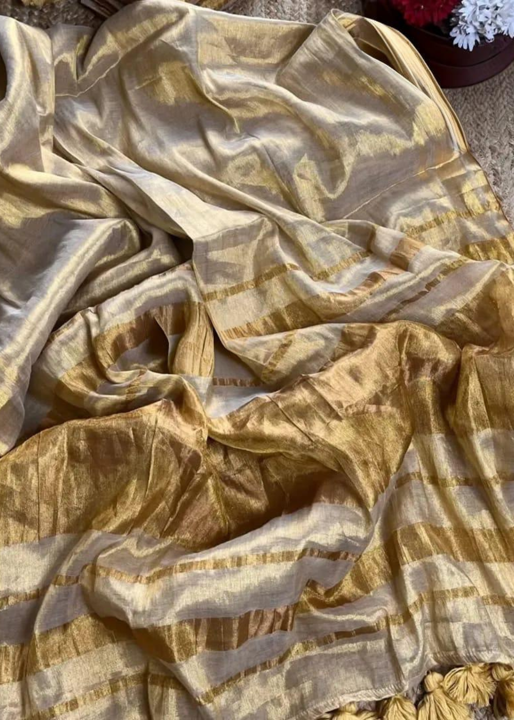 Tissue Cotton Kerala Zari Work Saree – Gold Shade