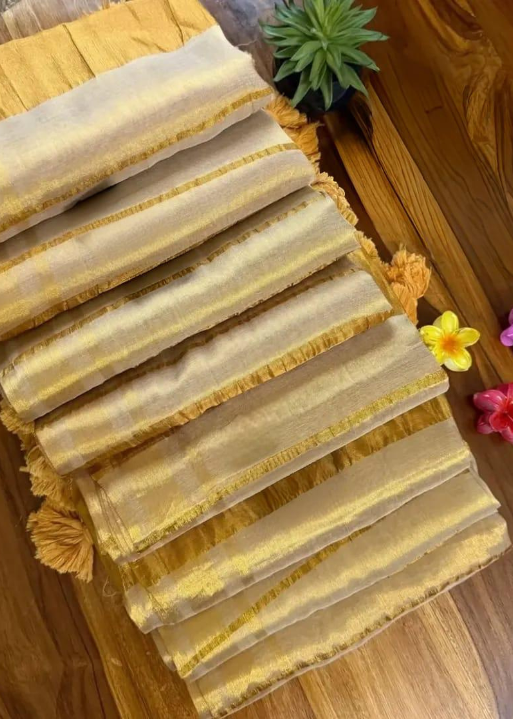 Tissue Cotton Kerala Zari Work Saree – Gold Shade