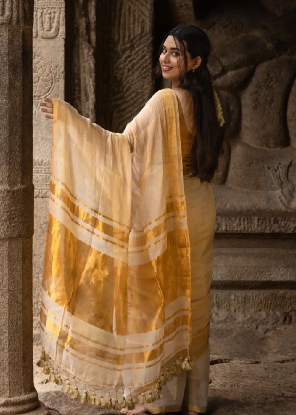 Tissue Cotton Kerala Zari Work Saree – Gold Shade