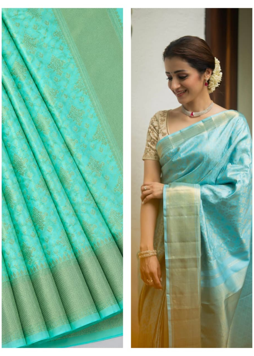 Actress Trisha Inspired Soft Silk Saree with Floral Design & Rich Pallu