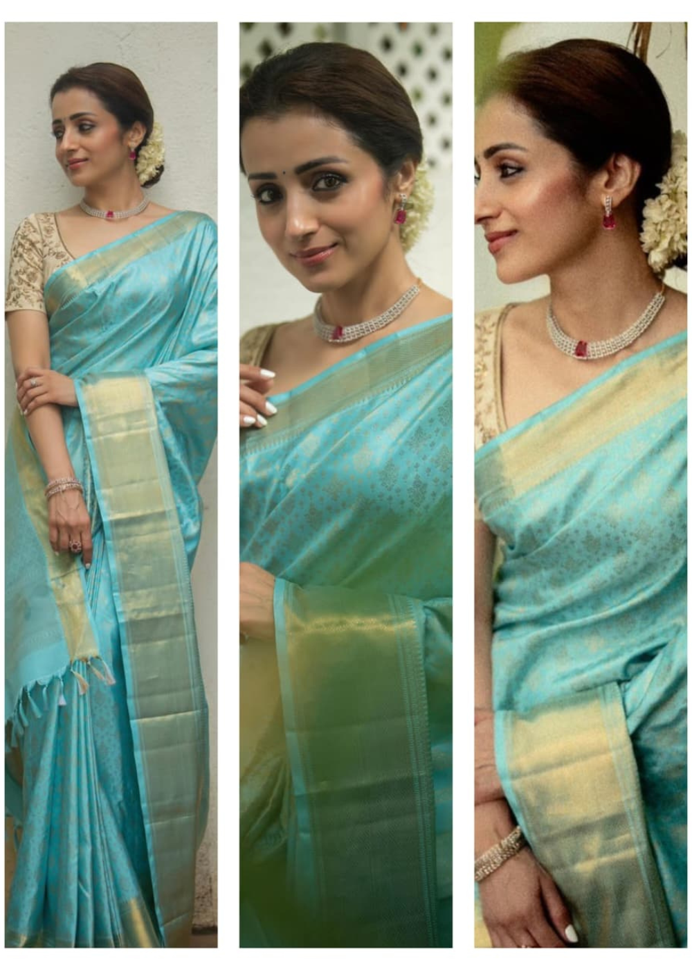 Actress Trisha Inspired Soft Silk Saree with Floral Design & Rich Pallu