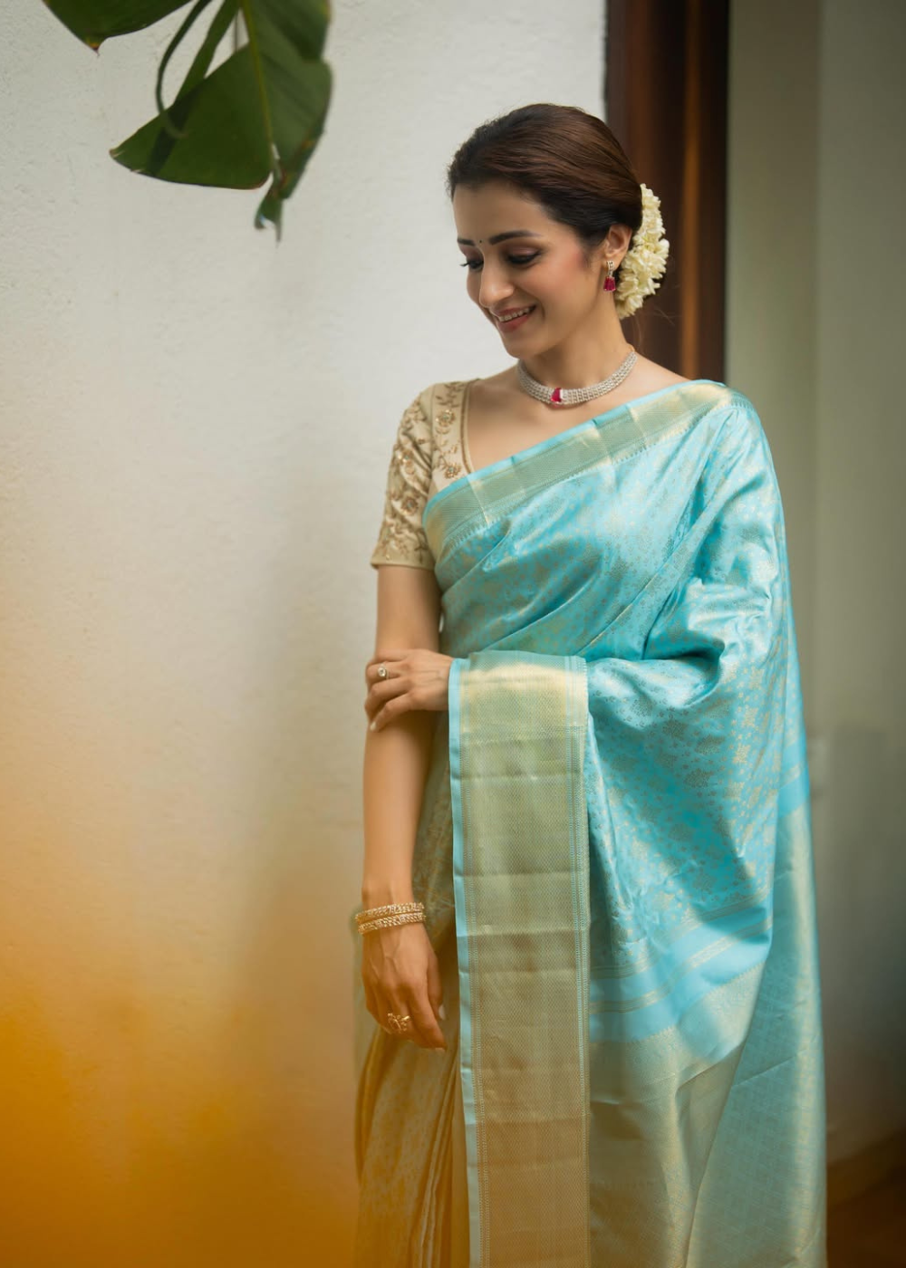 Actress Trisha Inspired Soft Silk Saree with Floral Design & Rich Pallu