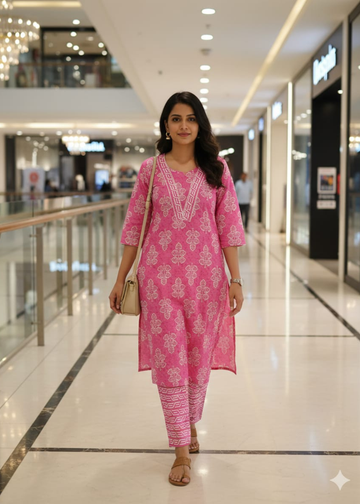 Daily Wear Cotton Pink Kurti with Matching Pant