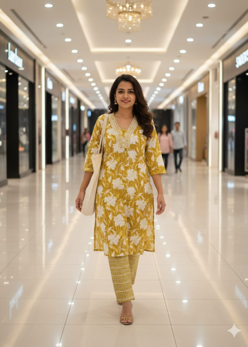 Daily Wear Cotton Gold shade Kurti with Matching Pant