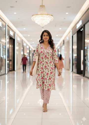 Daily Wear Cotton white with pink Kurti With Matching Pant