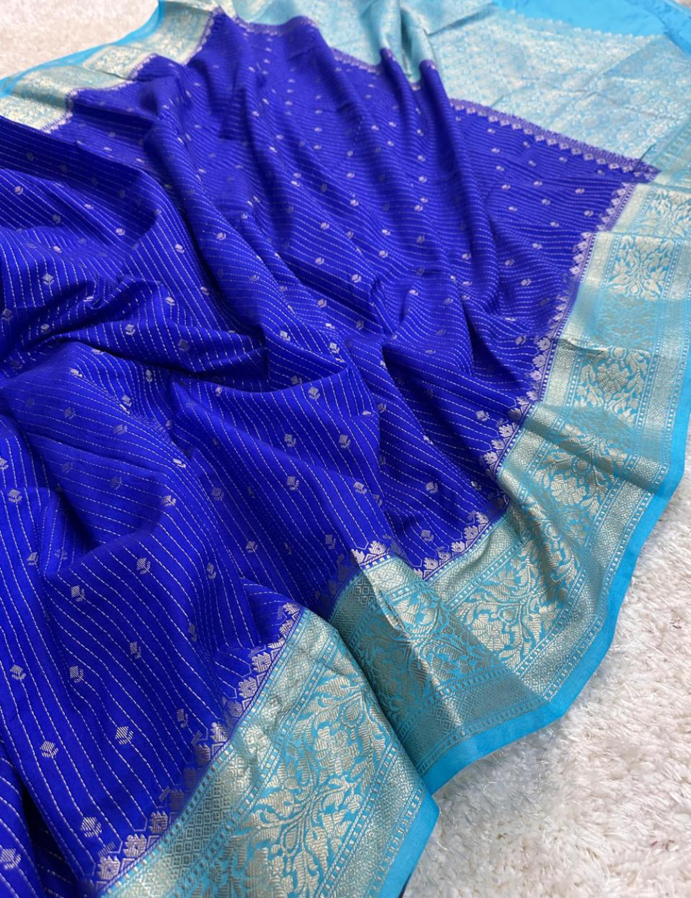 "Blue Banarasi Kathan Gorgette Silk Saree with free Tassel"