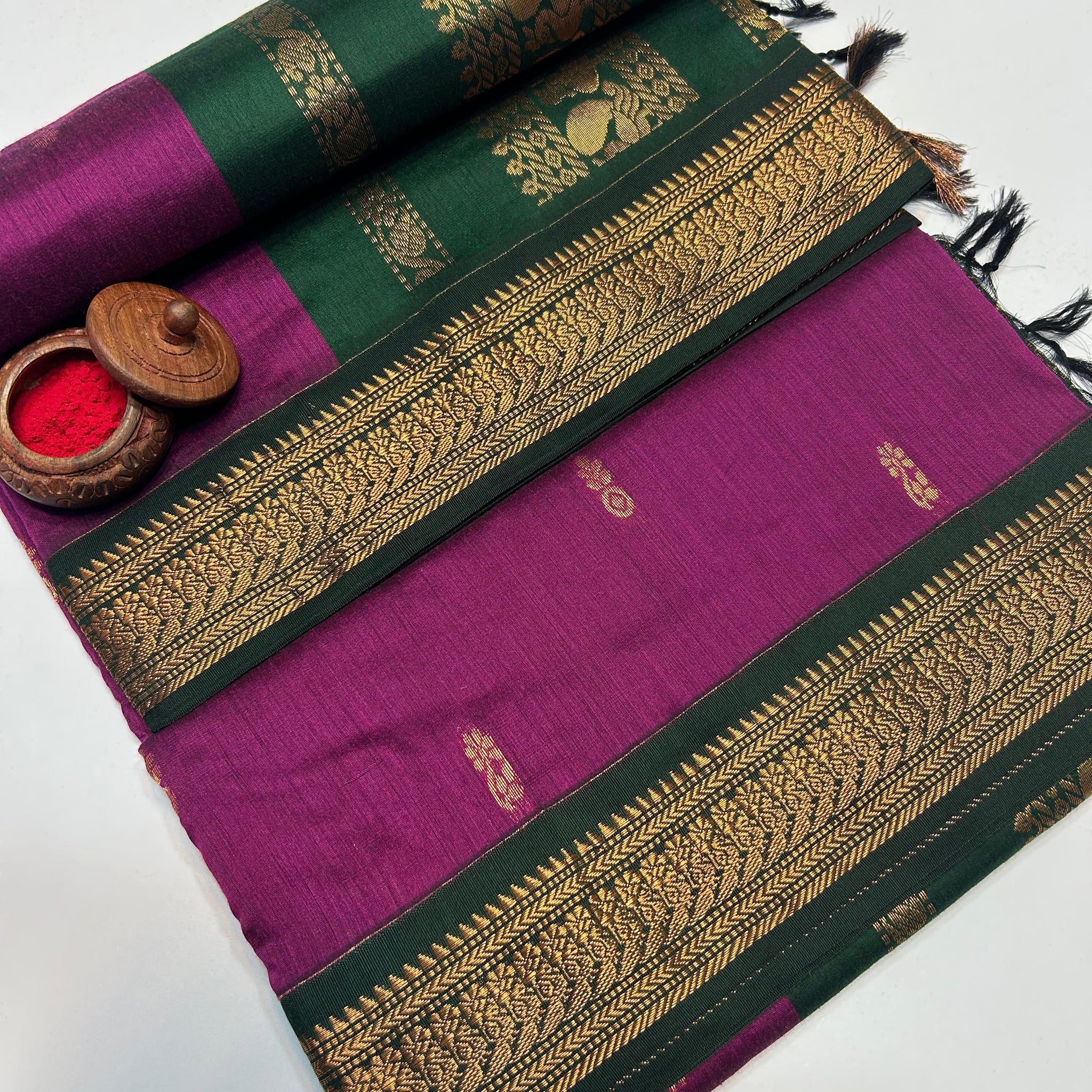 Elegant Magenta with Green Border Kalyani Cotton Saree