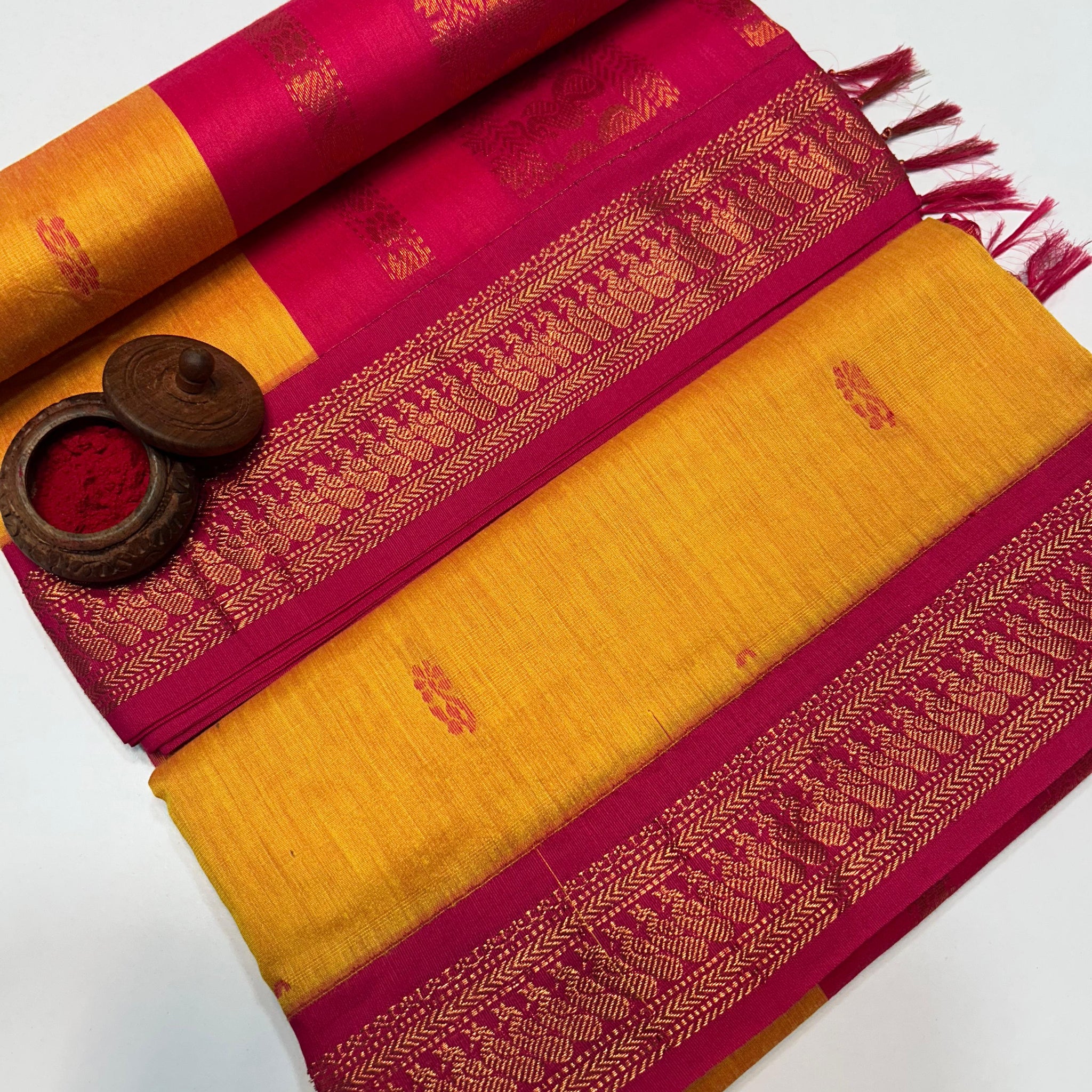 Yellow Kalyani Cotton Saree with Maroon Zari Border