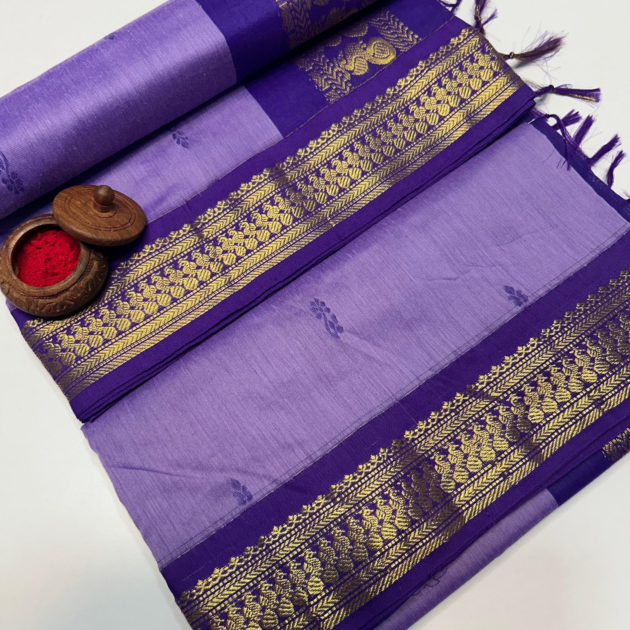 Lavender Kalyani Cotton Saree with Royal Blue Zari Border