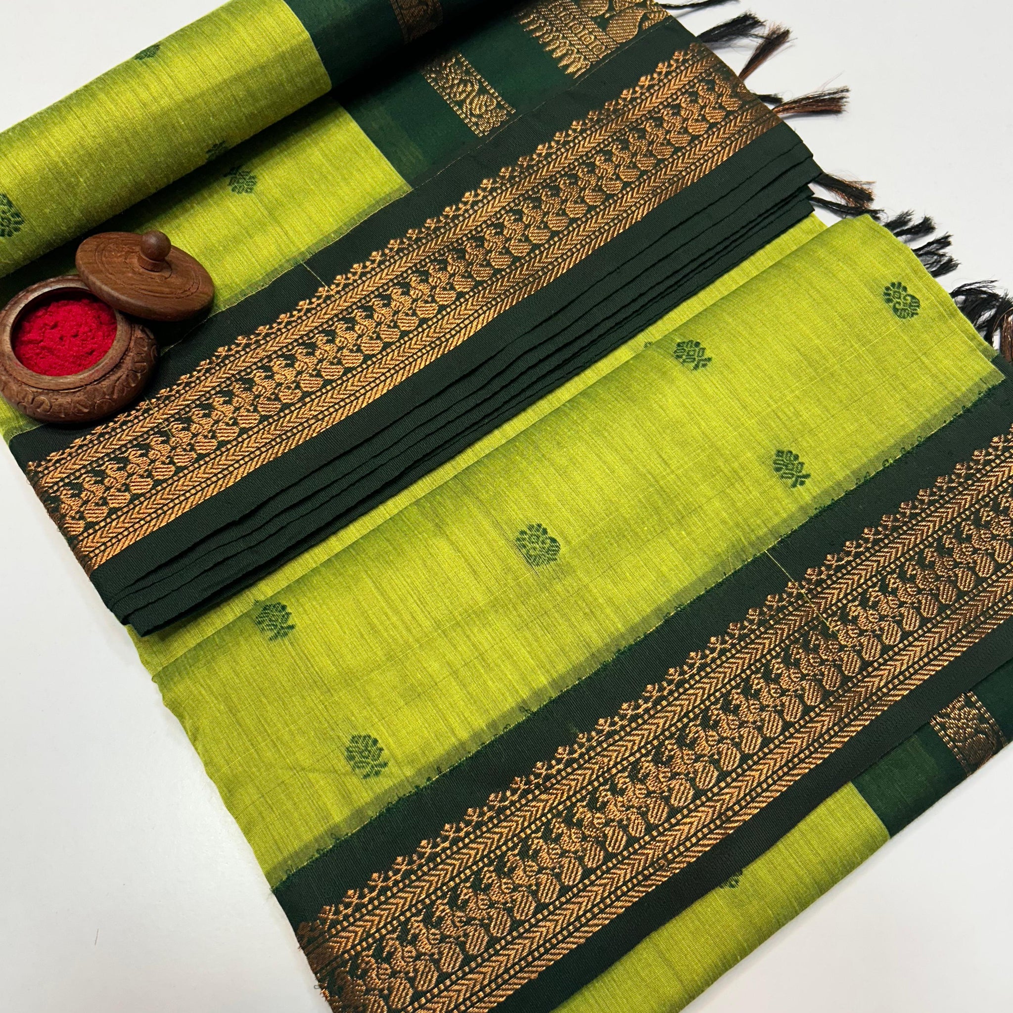 Light Green Kalyani Cotton Saree with Black Zari Border