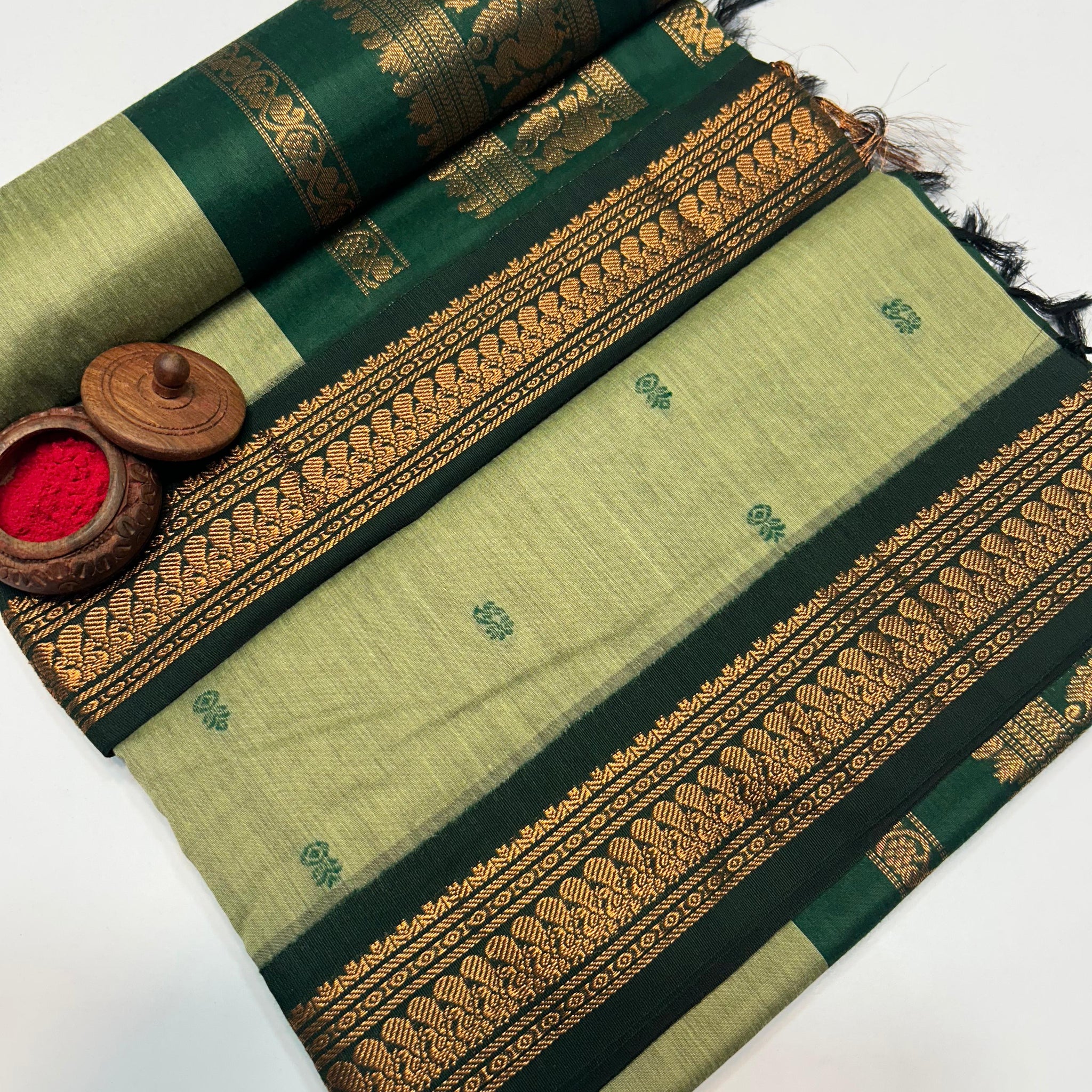 Olive Green Kalyani Cotton Saree with Subtle Green Zari Border
