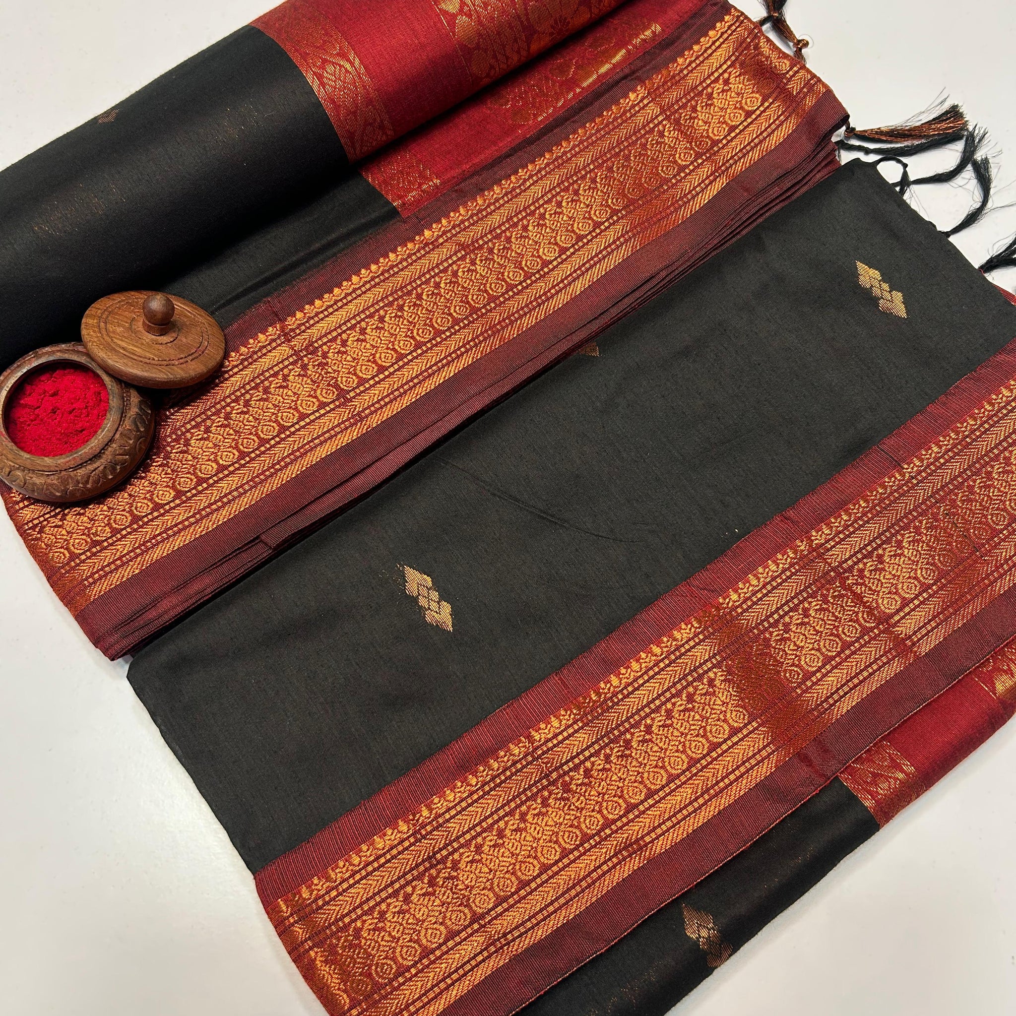 Brown Kalyani Cotton Saree with Red Zari Border