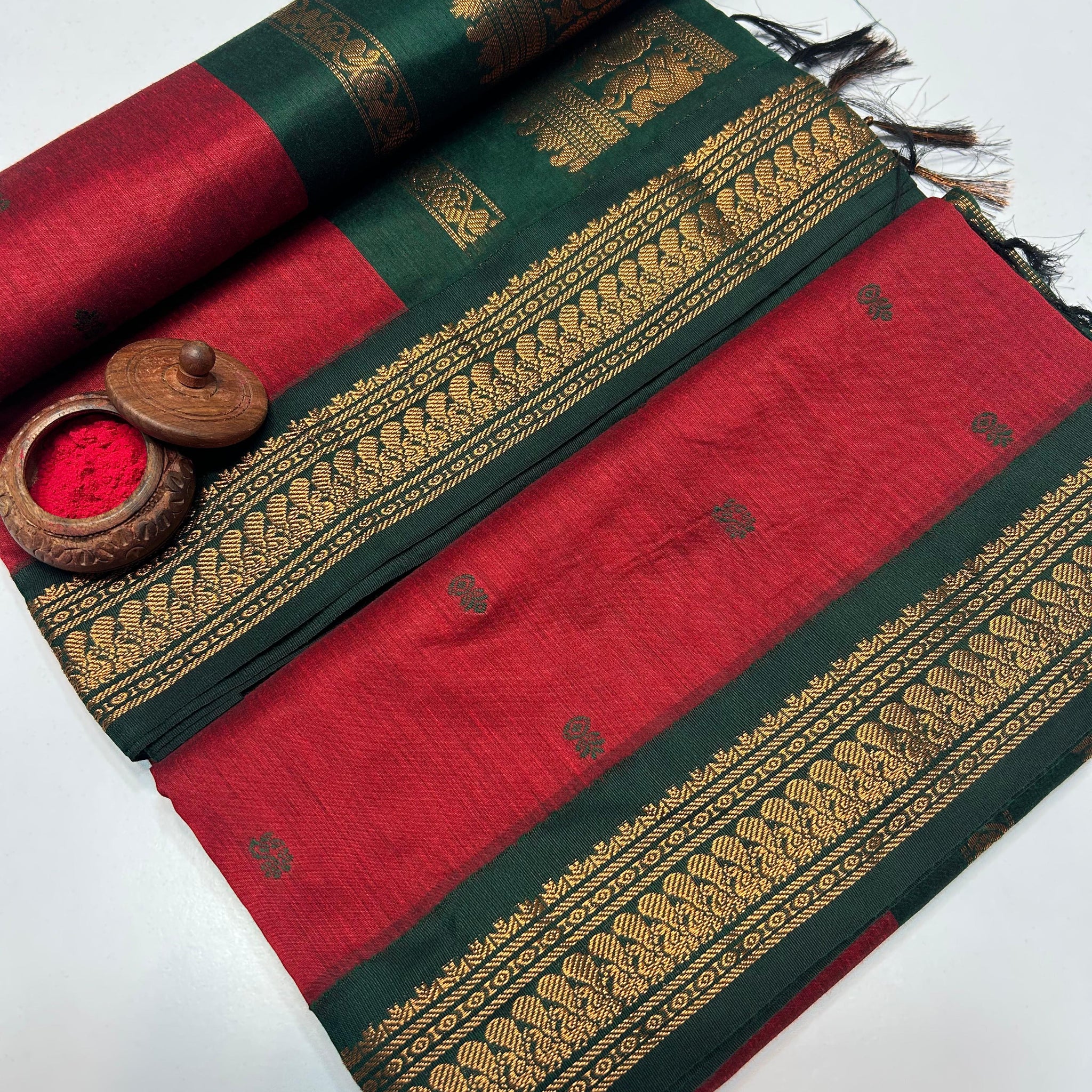 Orange Kalyani Cotton Saree with Green Zari Border