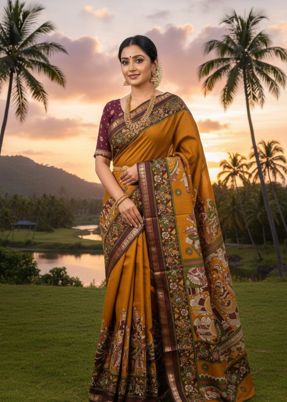Mustard Gold Kalamkari Heritage Saree