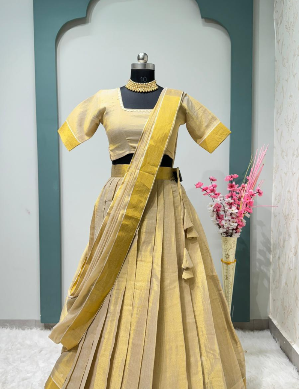Traditional Kerala Tissue Half Saree – Onam Collection