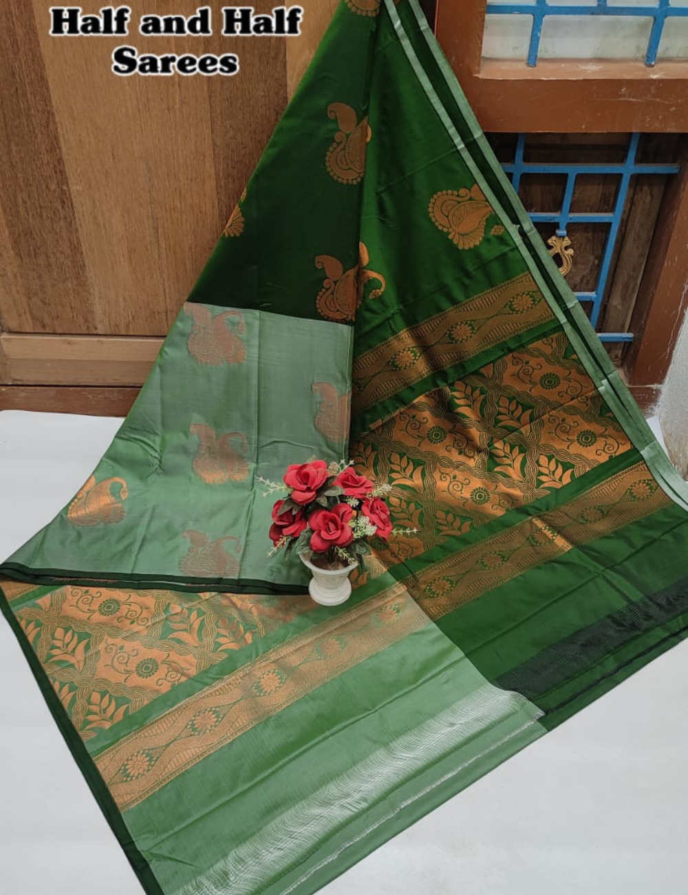 Kanjeevaram Soft Silk Saree – Half & Half Shades of Green