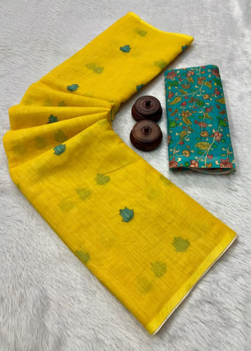 Pure Linen Cotton Yellow Saree