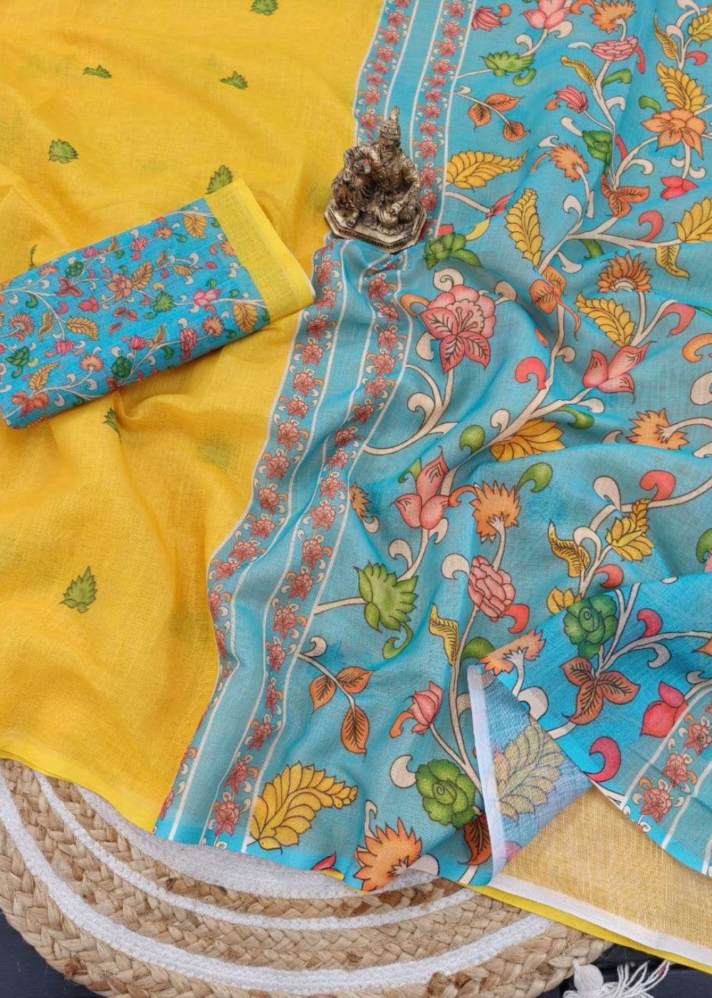 Pure Linen Cotton Yellow Saree