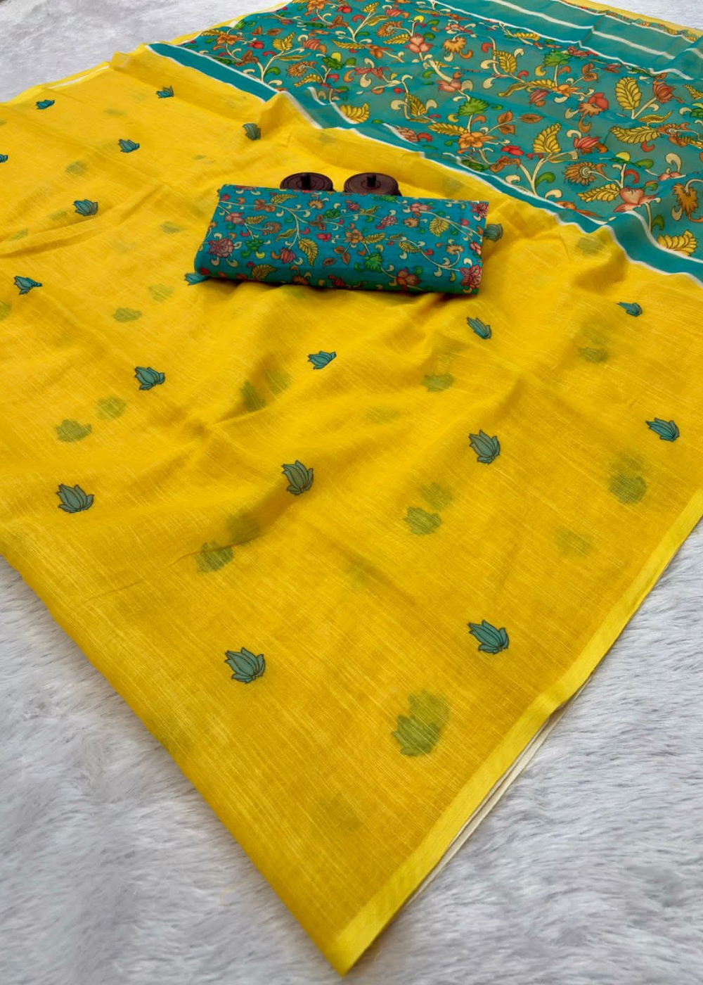 Pure Linen Cotton Yellow Saree