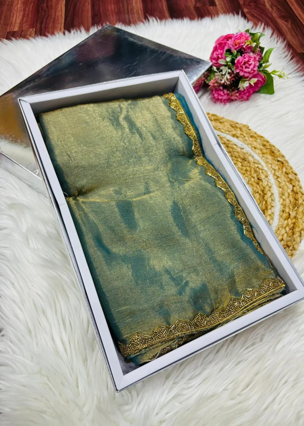 Shimmering Splendor: Space Silk Sarees with Motti Embellishments