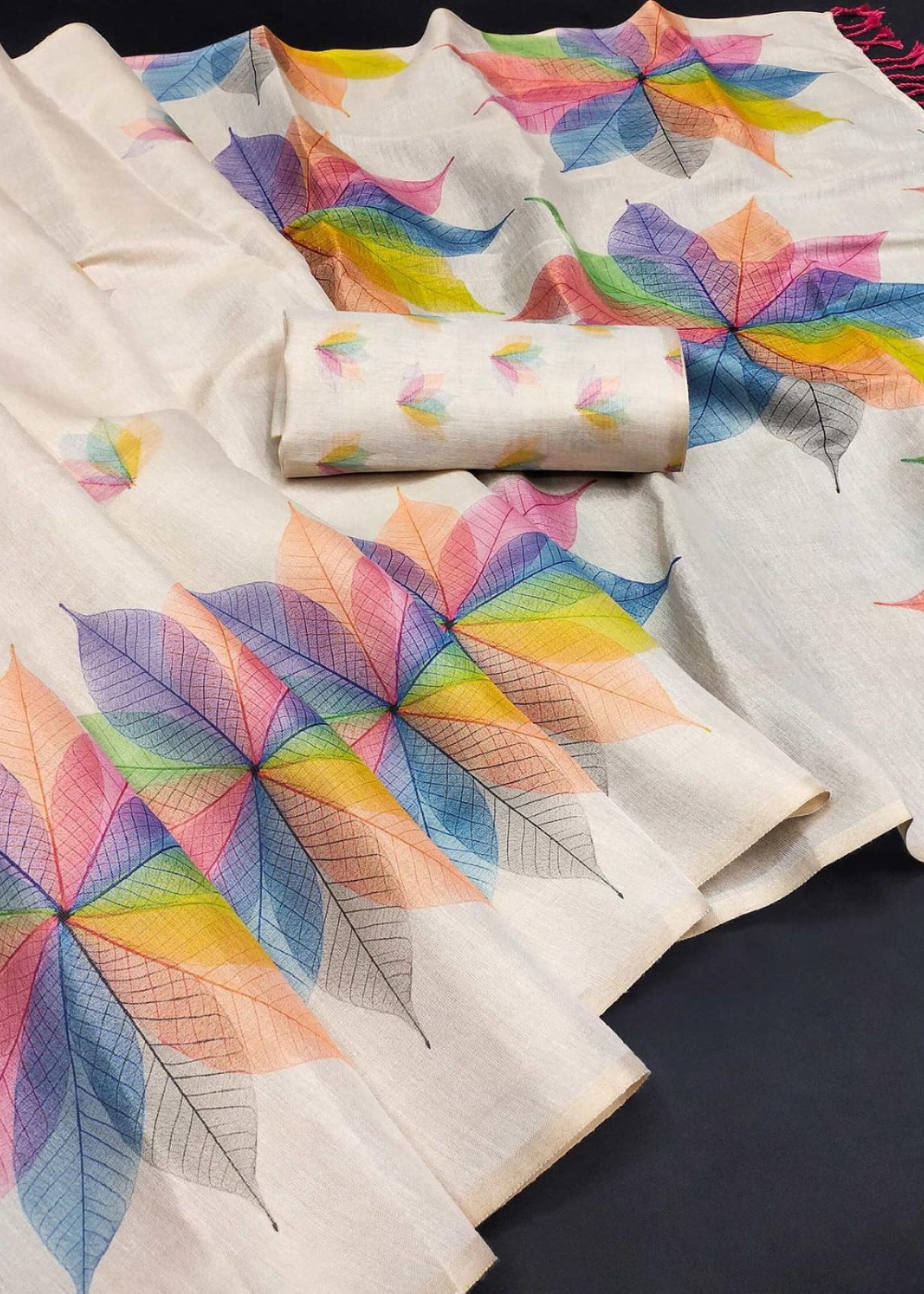 Light Chikoo Floral Printed Art Tissue Silk Saree With Tassels