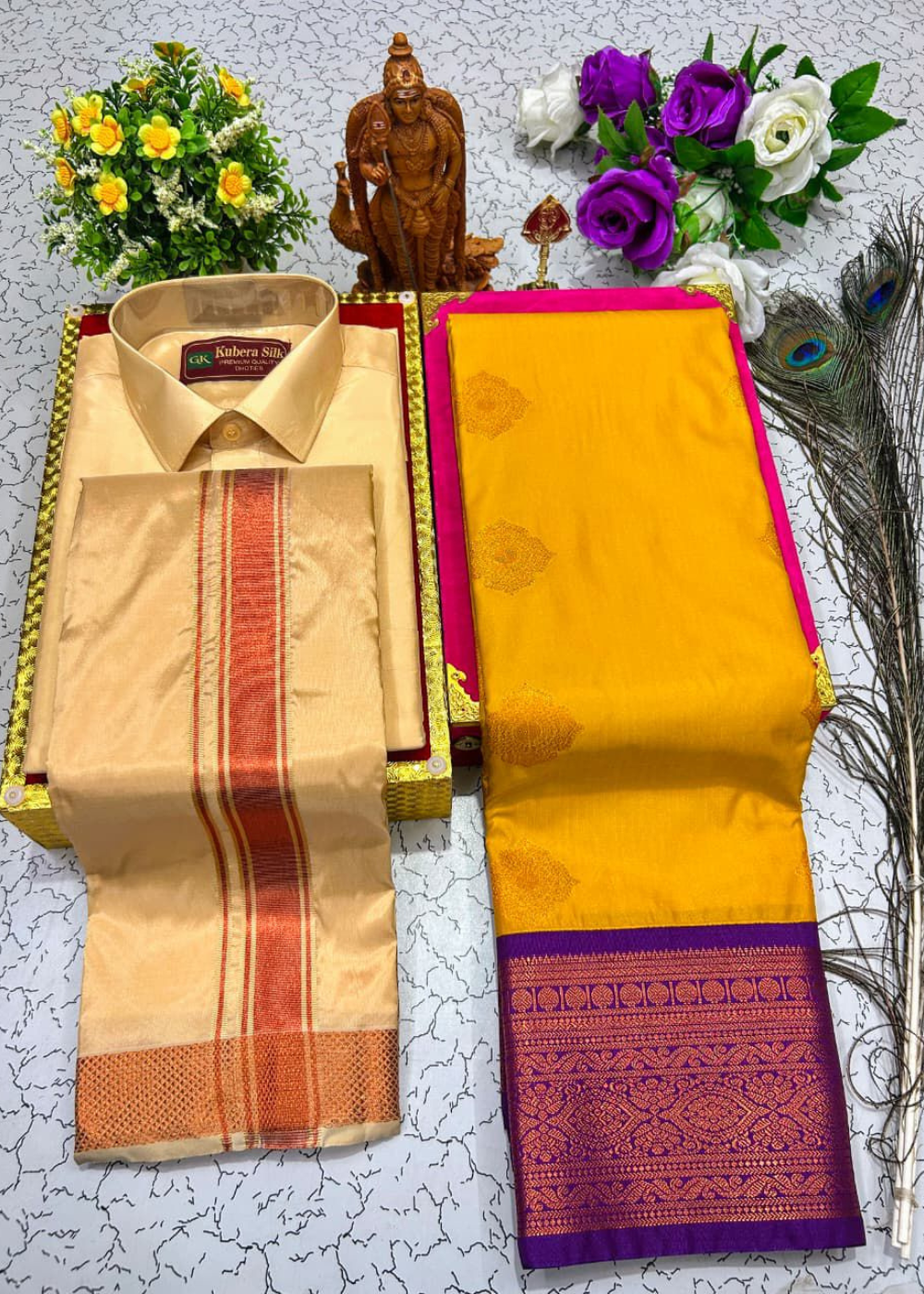 Mangalyam Korvai Soft Silk Saree & Aasha Silk Dhoti – Couple Combo Set