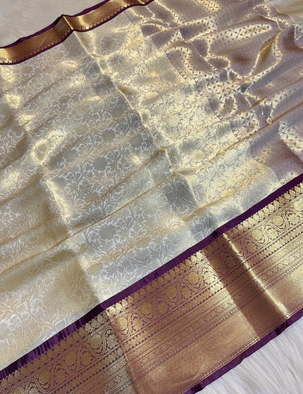 “Bridal Katan Tissue Silk Saree – Half White with Brown Elegance”