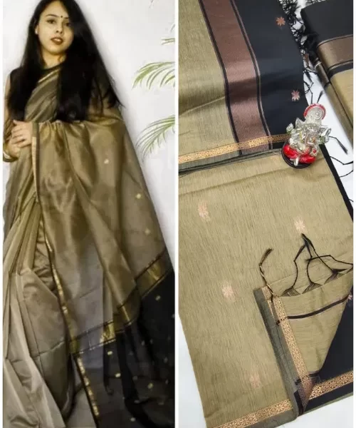 Grey Maheshwari Silk Handloom Cotton Saree